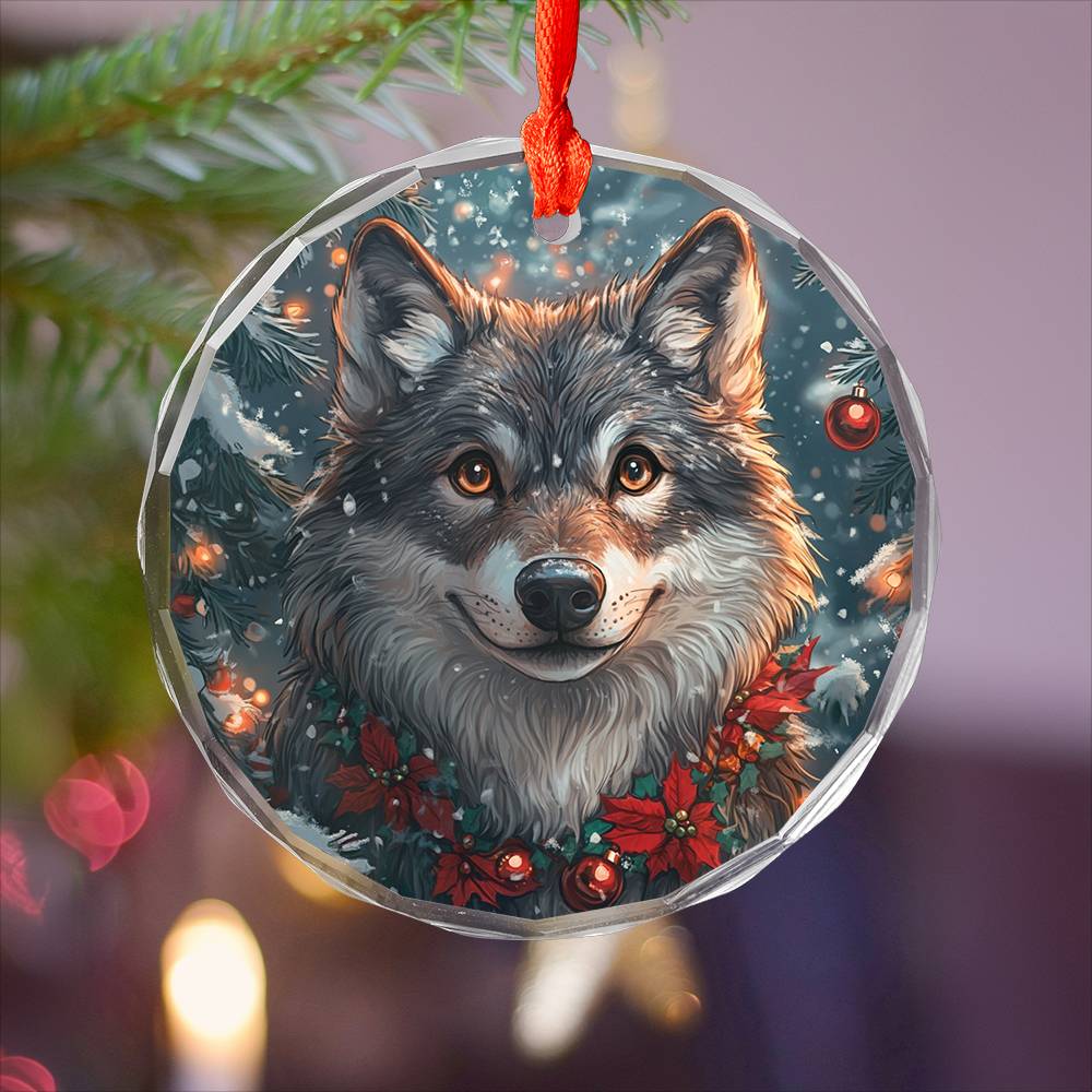 Beautiful Angus Wolf Christmas Night Design 1 Glass Ornament