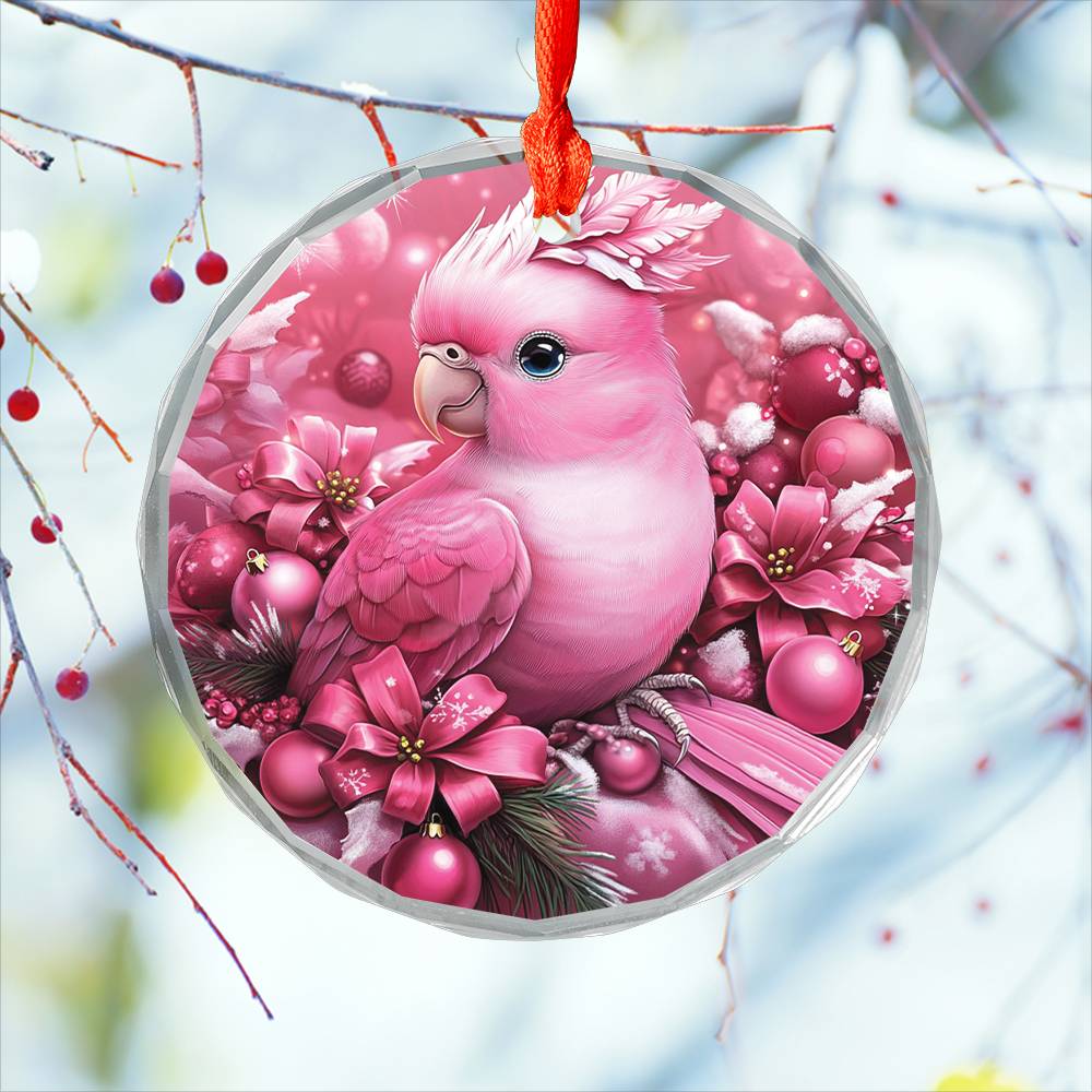 Parrot Pink Christmas Design 1 Glass Ornament