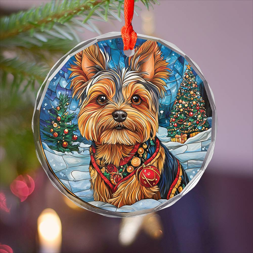 Beautiful Angus Yorkshire Terrier Dog Christmas Night Design 1 Glass Ornament