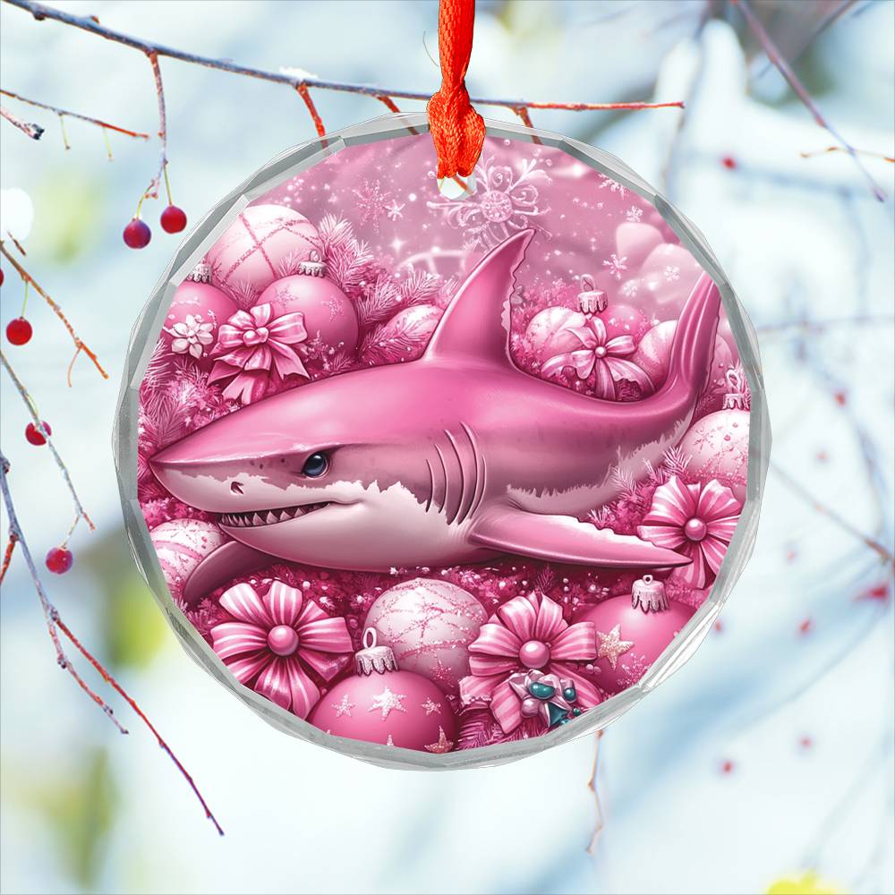 Shark Pink Christmas Design 2 Glass Ornament