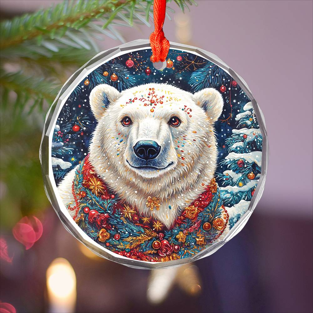 Beautiful Angus Polar Bear Christmas Night Design 2 Glass Ornament
