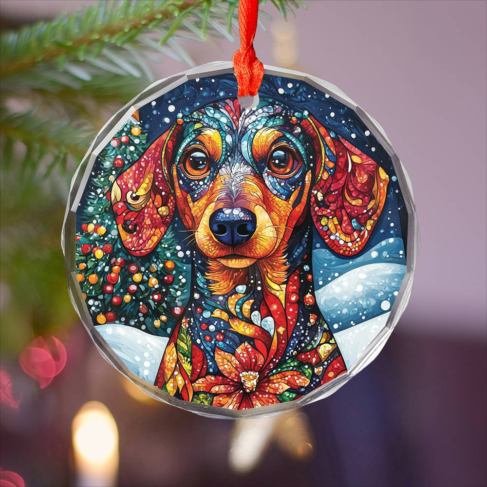 Beautiful Angus Dachshund Dog Christmas Night Design 1 Glass Ornament