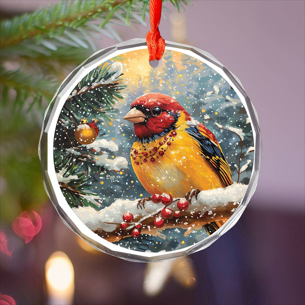 Beautiful Finch Christmas Night Design 1 Glass Ornament