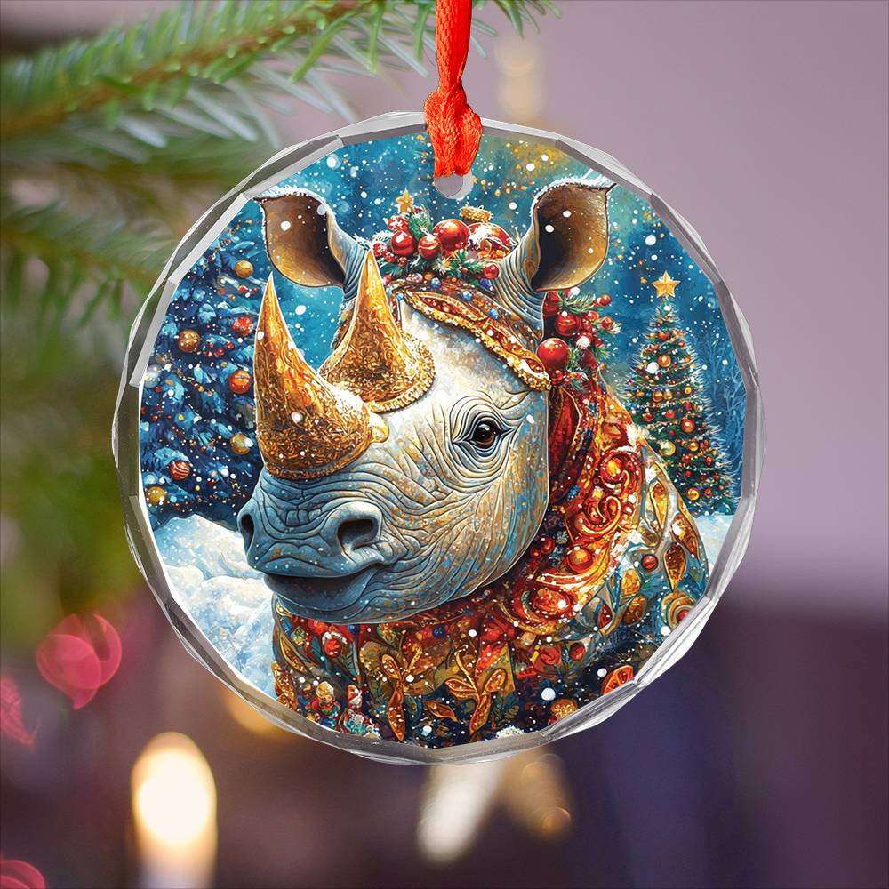 Beautiful Rhino Christmas Night Design 3 Glass Ornament