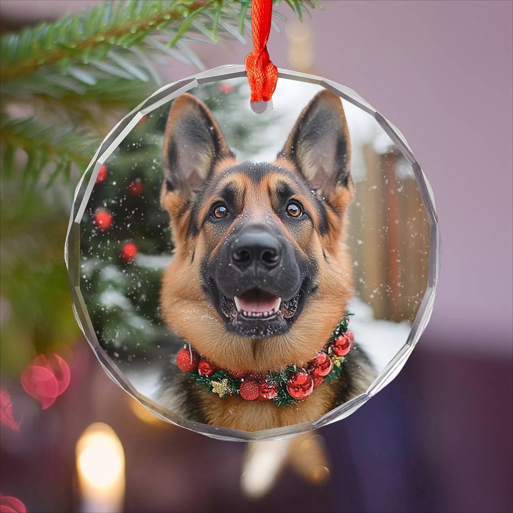 Beautiful German Shepherd Dog Christmas Night Design 1 Glass Ornament