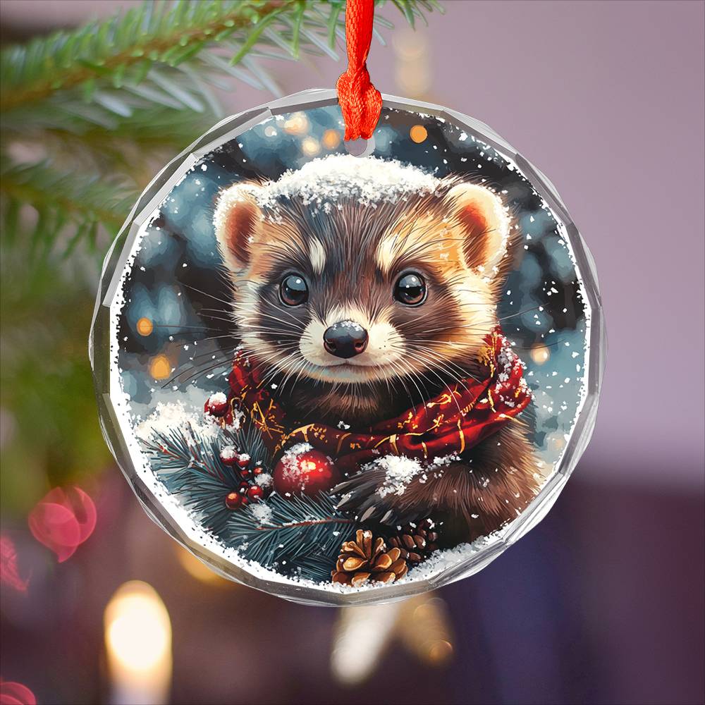 Beautiful Ferret Christmas Night Design 3 Glass Ornament