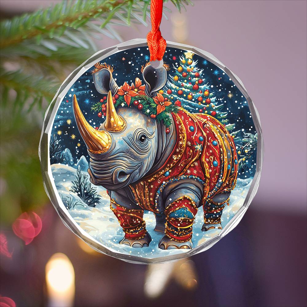Beautiful Rhino Christmas Night Design 2 Glass Ornament