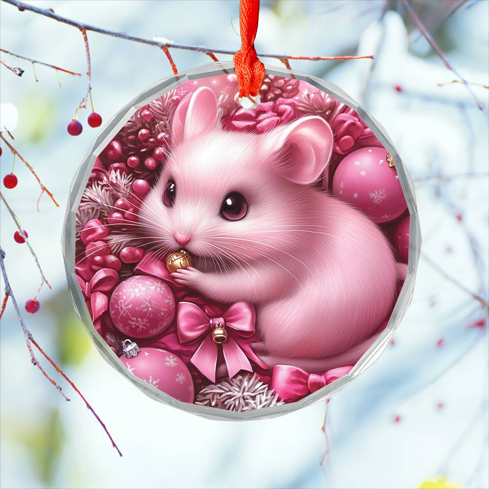 Hamster Pink Christmas Design 3 Glass Ornament