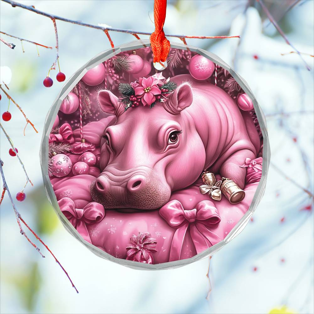 Hippo Pink Christmas Design 3 Glass Ornament