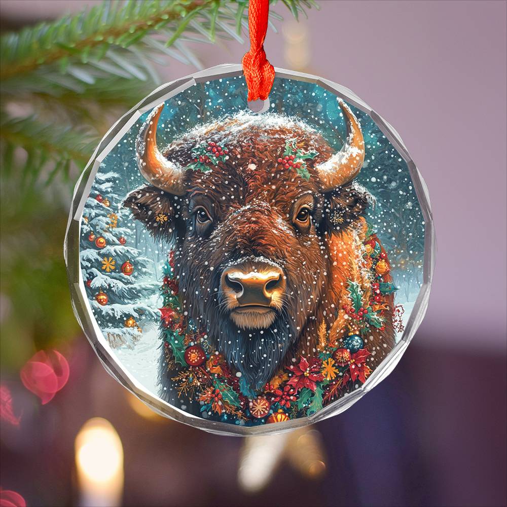 Beautiful Bison Christmas Night Design 2 Glass Ornament