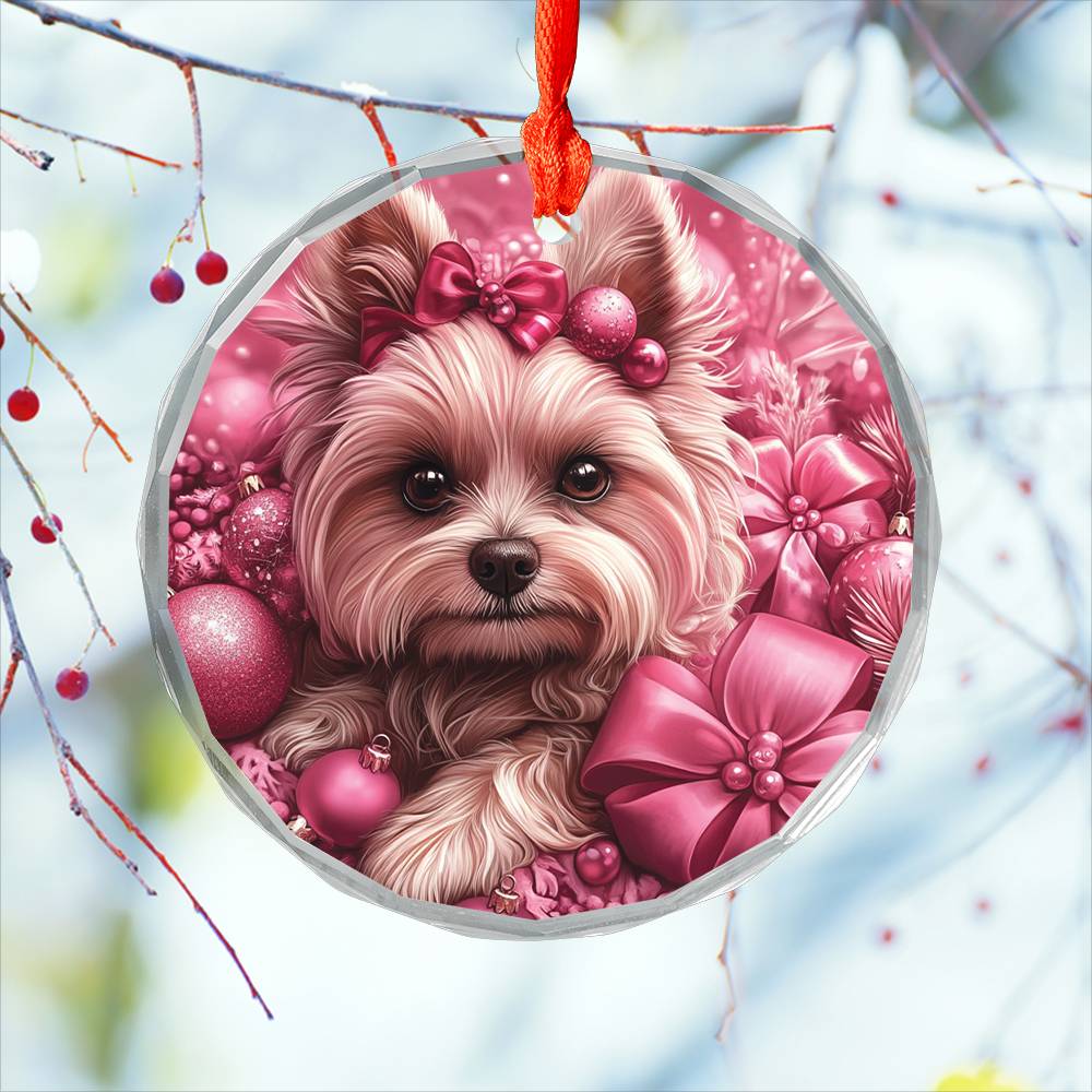 Yorkshire Terrier Dog Pink Christmas Design 4 Glass Ornament