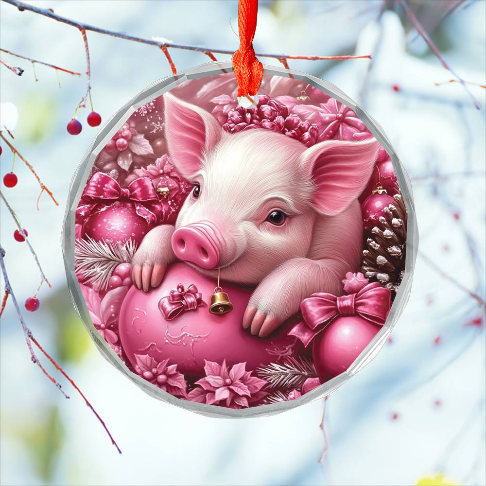 Pig Pink Christmas Design 4 Glass Ornament