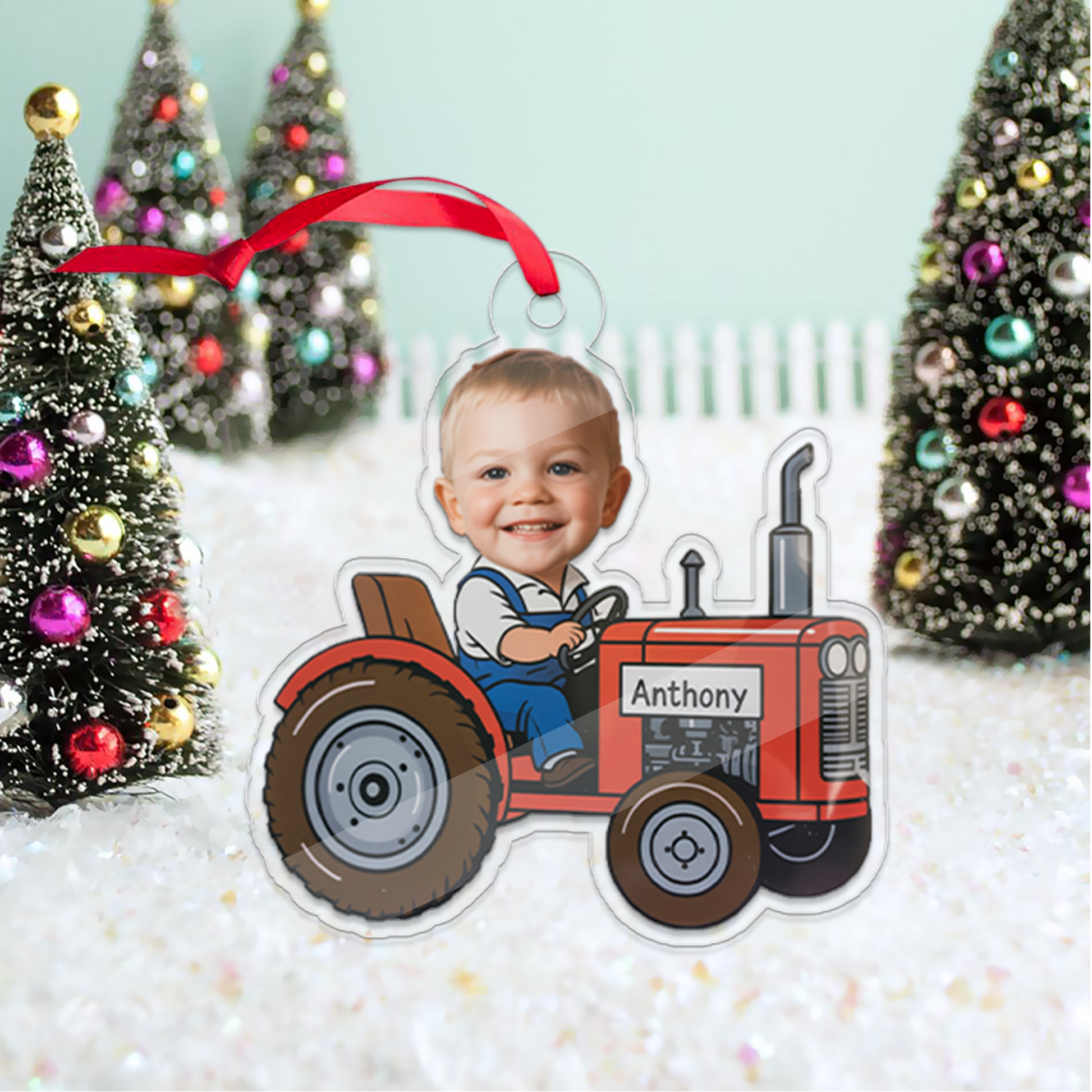 Custom Farmer Baby Face Photo Ornament, Personalized Tractor Ornament, Acrylic Funny Face Ornament, Christmas Decor
