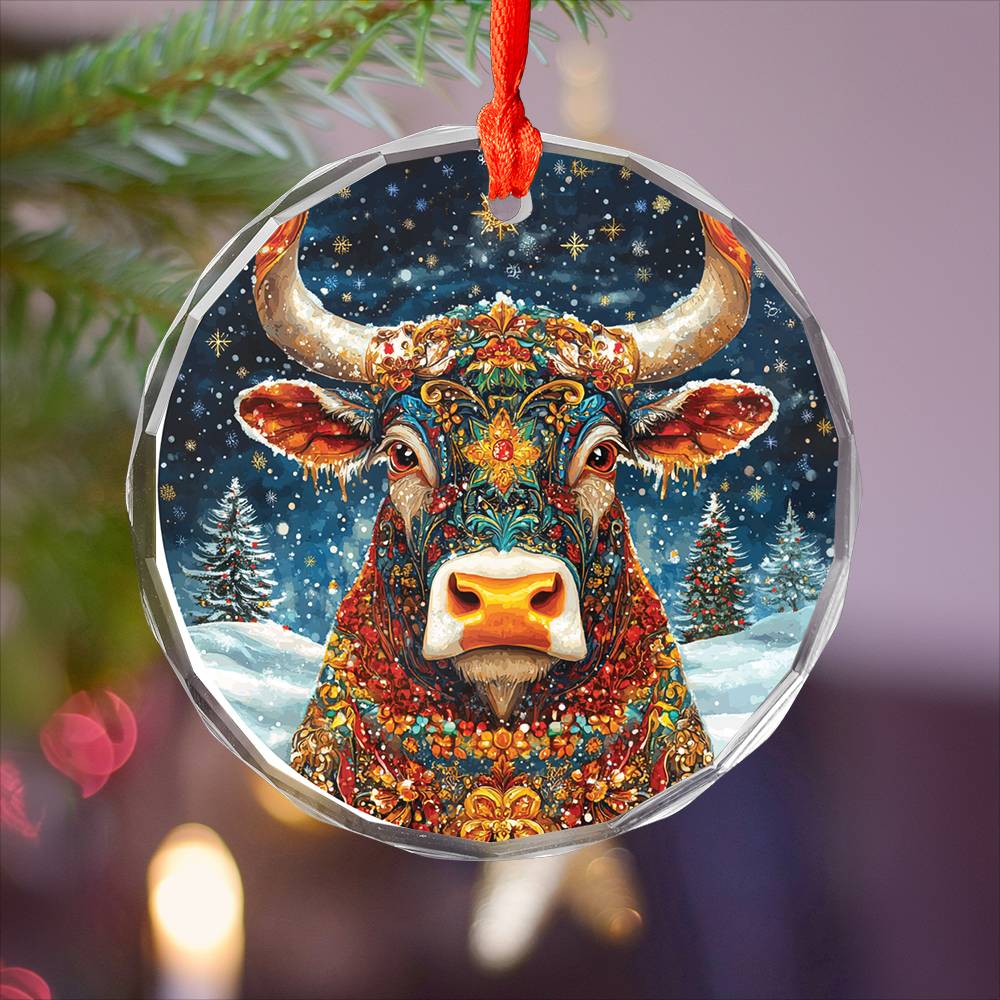 Beautiful Bull Christmas Night Design 3 Glass Ornament
