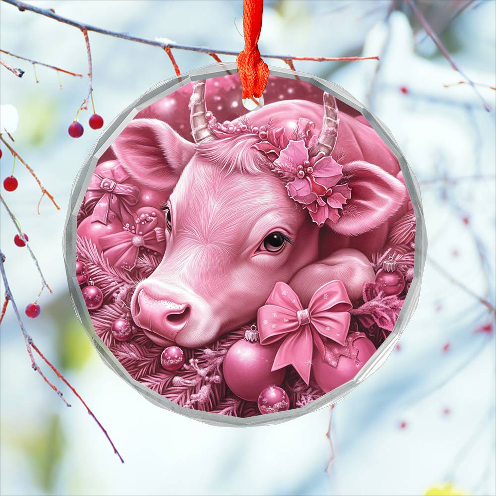 Hereford Cow Pink Christmas Design 2 Glass Ornament