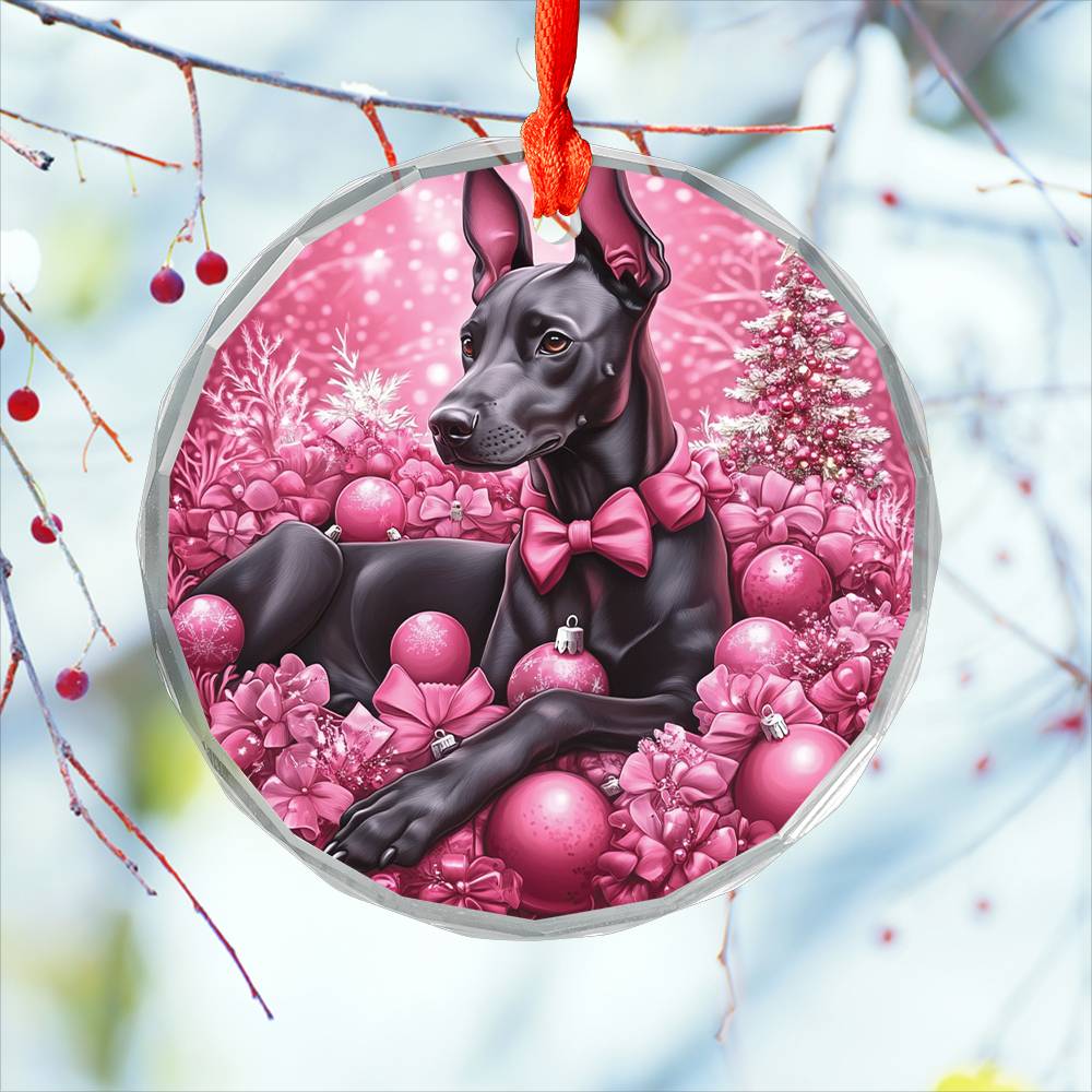 Doberman Pinscher Dog Pink Christmas Design 1 Glass Ornament