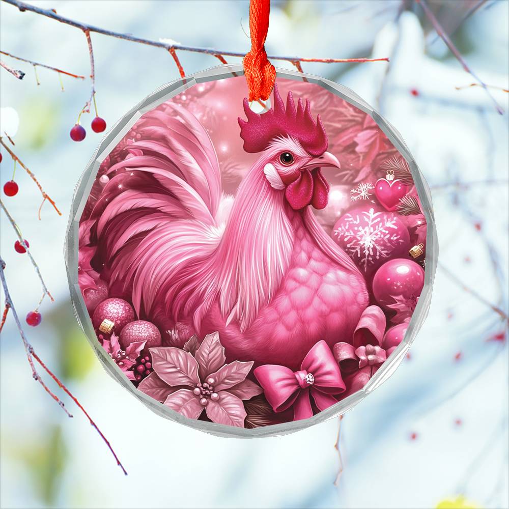 Rooster Pink Christmas Design 2 Glass Ornament