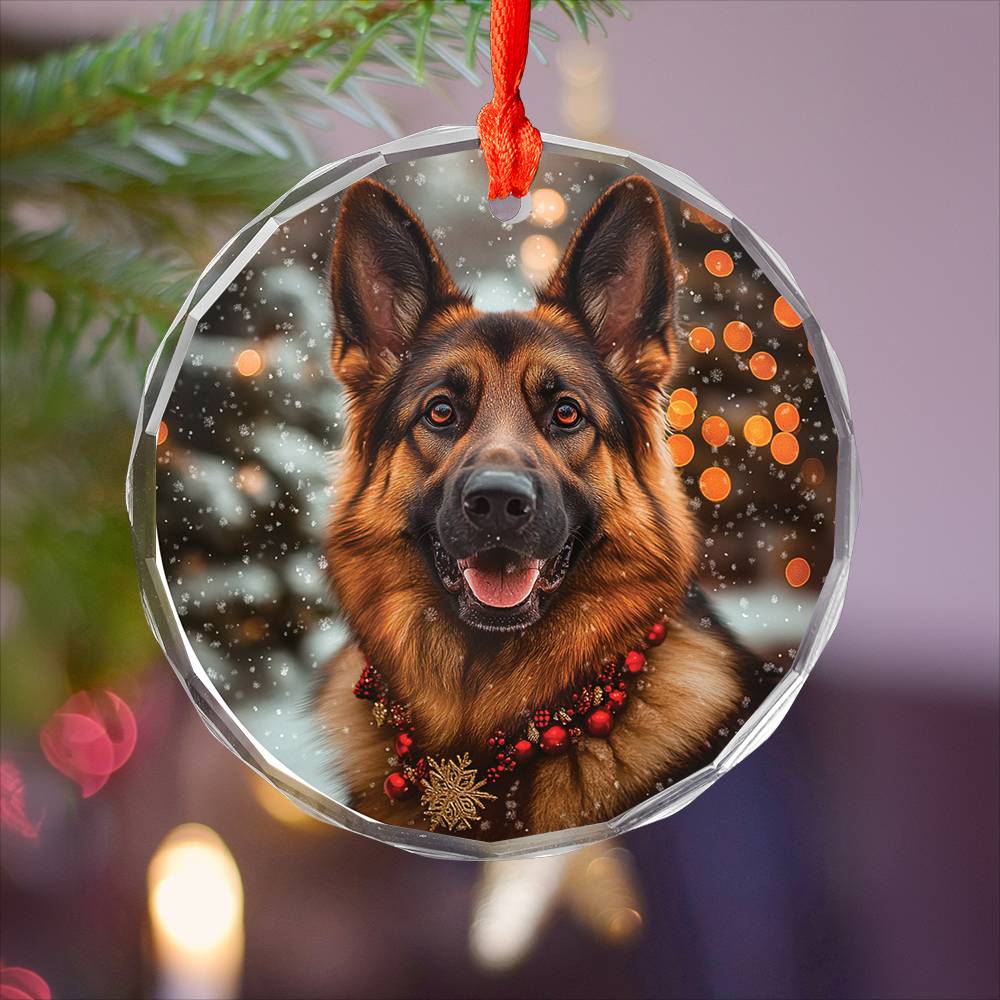 Beautiful German Shepherd Dog Christmas Night Design 2 Glass Ornament