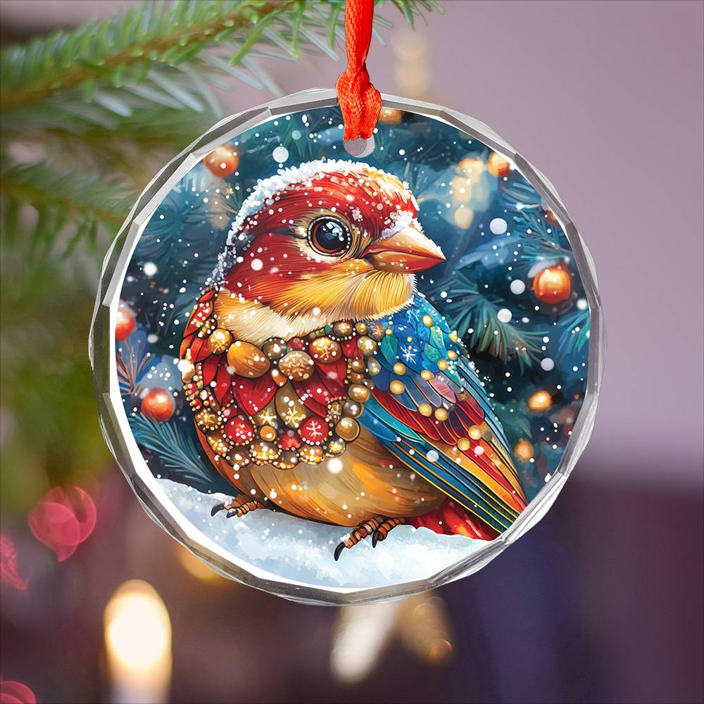 Beautiful Finch Christmas Night Design 4 Glass Ornament