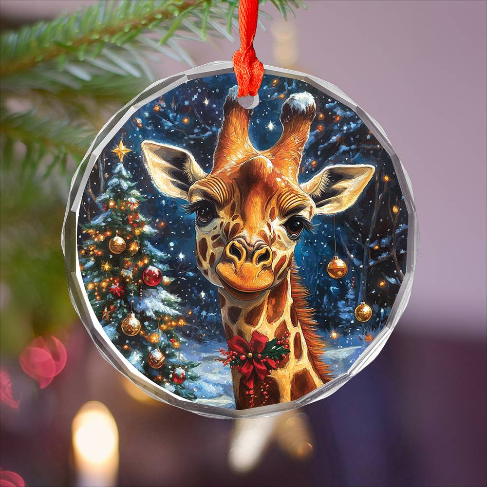 Beautiful Giraffe Christmas Night Design 4 Glass Ornament