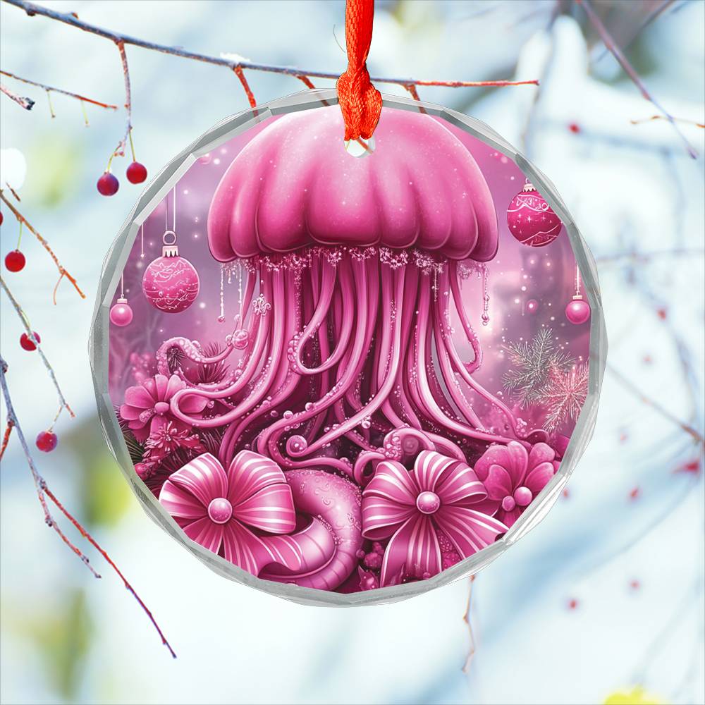 Jellyfish Pink Christmas Design 1 Glass Ornament