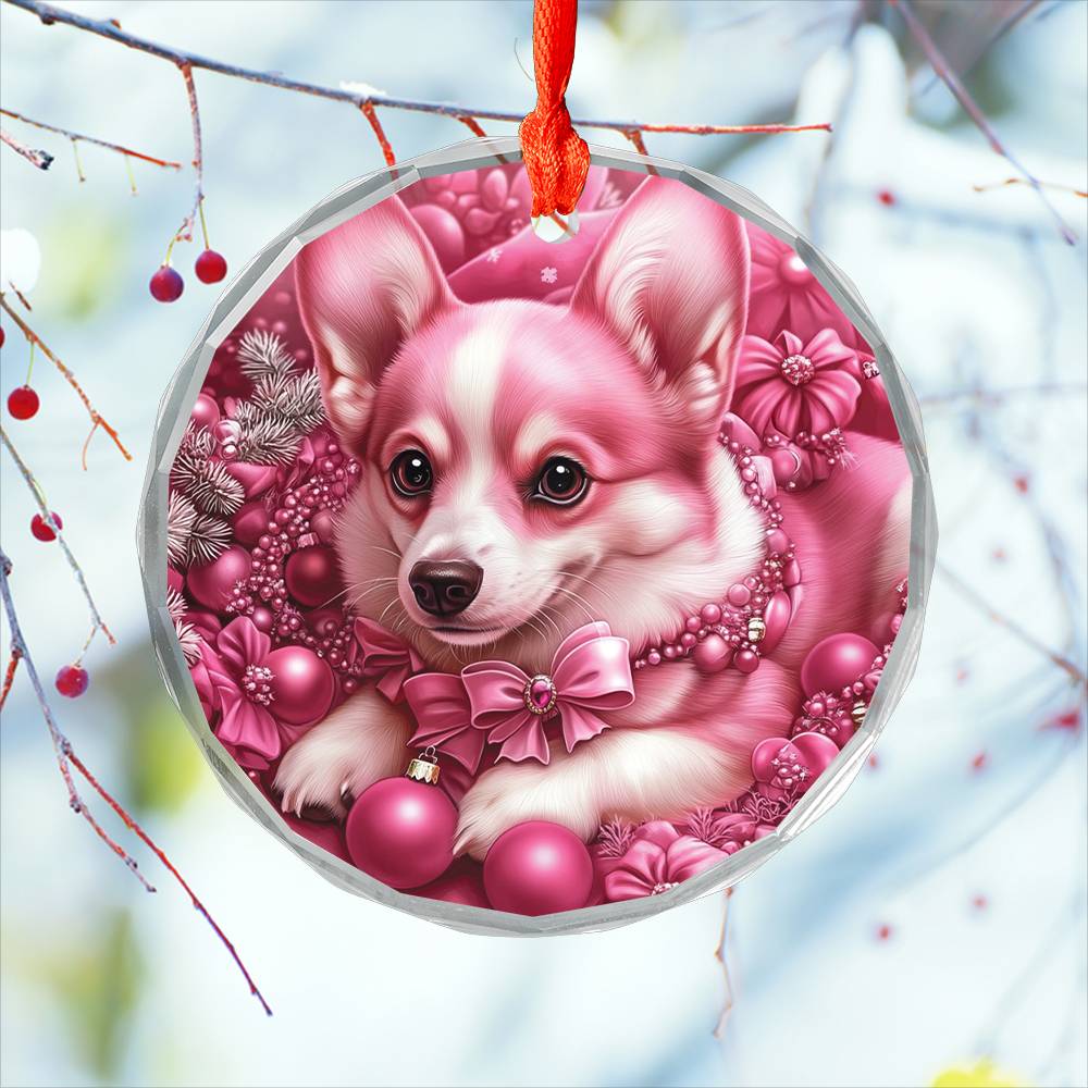 Pembroke Welsh Corgi Dog Pink Christmas Design 4 Glass Ornament