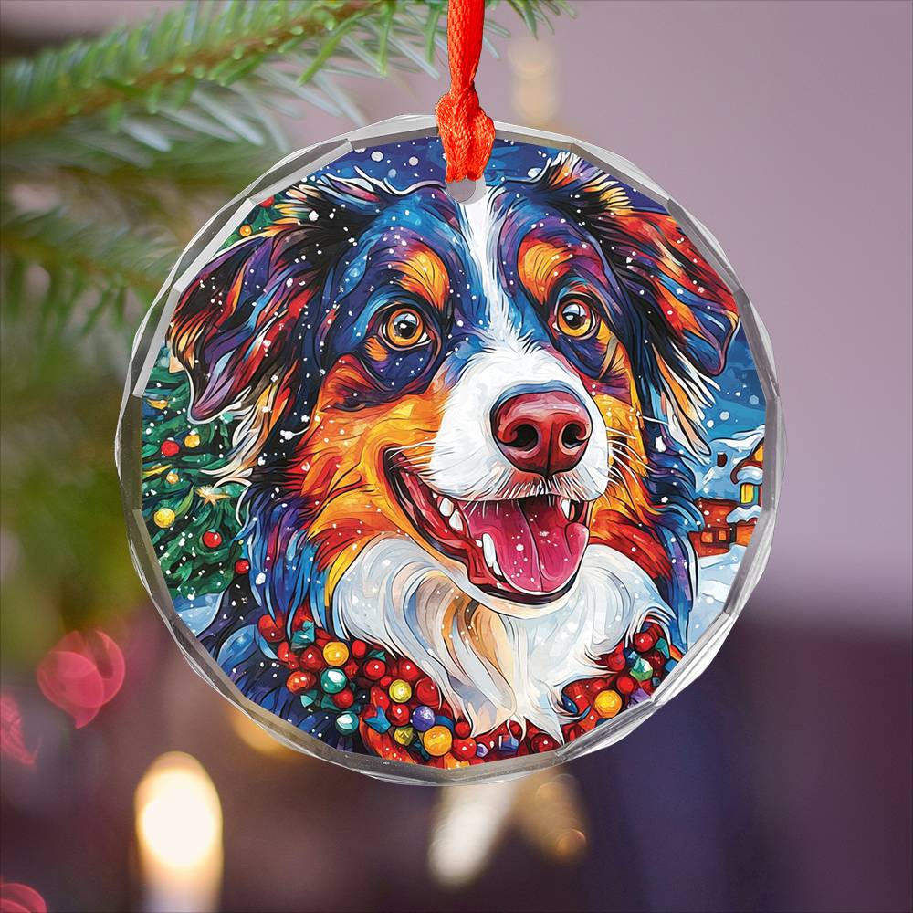 Beautiful Angus Australian Shepherd Dog Christmas Night Design 1 Glass Ornament
