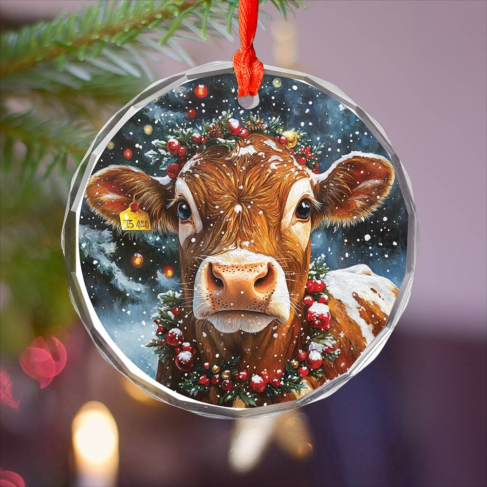 Beautiful Jersey Cow Christmas Night Design 2 Glass Ornament