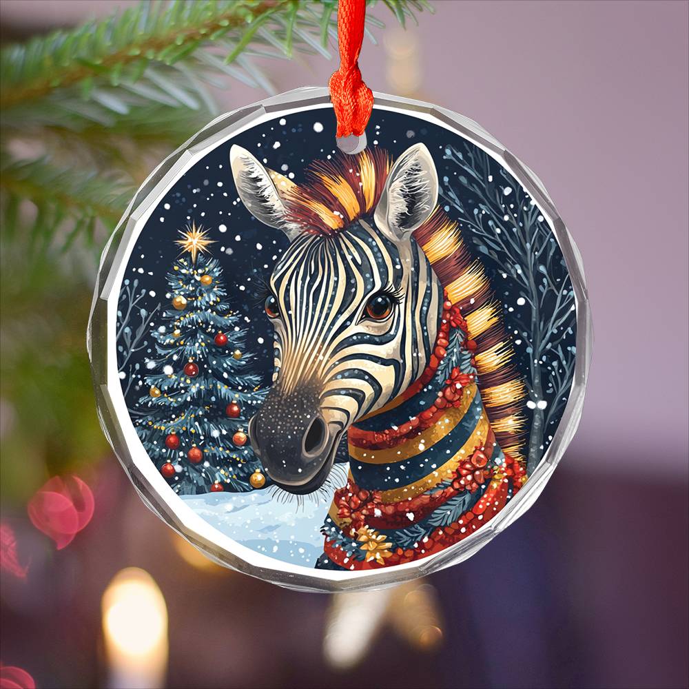 Beautiful Zebra Christmas Night Design 2 Glass Ornament