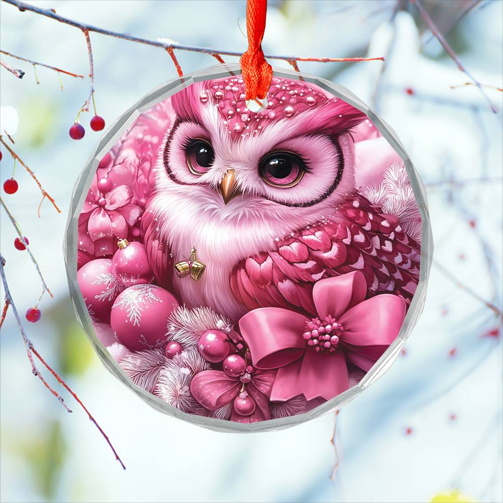 Owl Pink Christmas Design 1 Glass Ornament