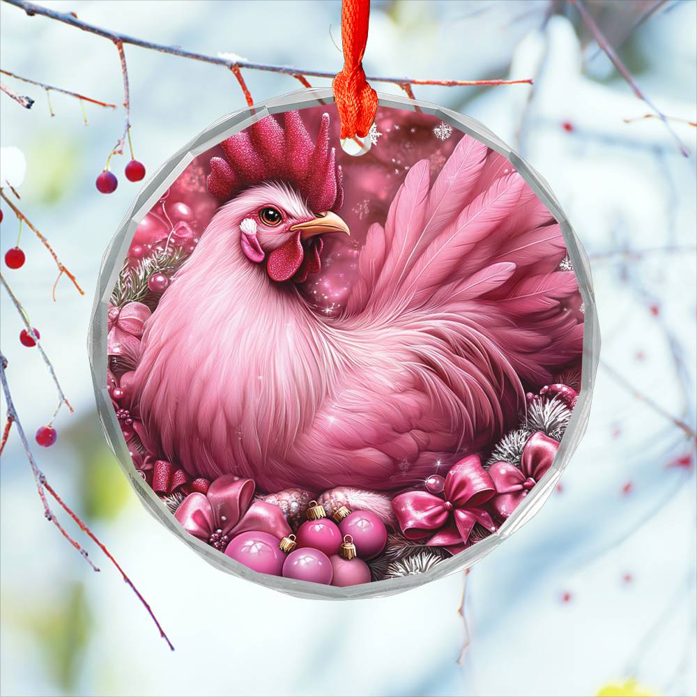 Rooster Pink Christmas Design 3 Glass Ornament