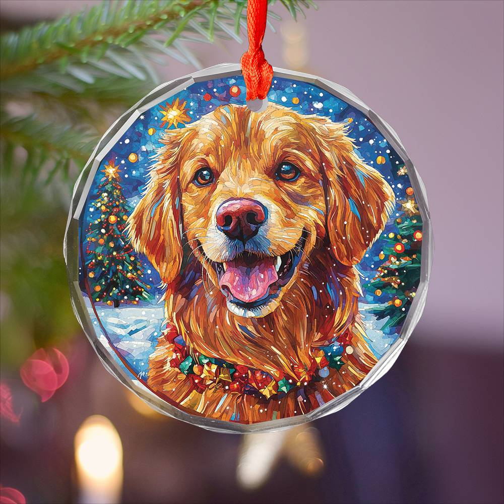 Beautiful Golden Retriever Dog Christmas Night Design 3 Glass Ornament