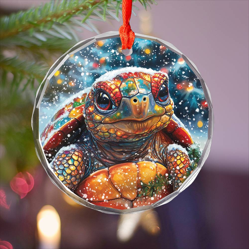 Beautiful Tortoise Christmas Night Design 2 Glass Ornament