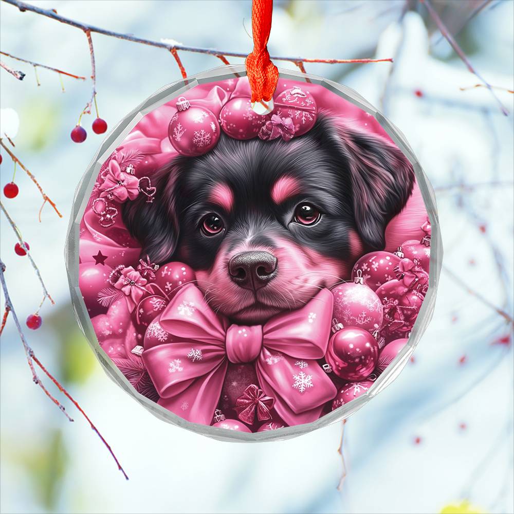 Christmas Rottweiler Dog Pink Christmas Design 1 Glass Ornament