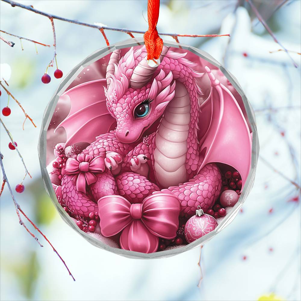 Dragon Pink Christmas Design 1 Glass Ornament