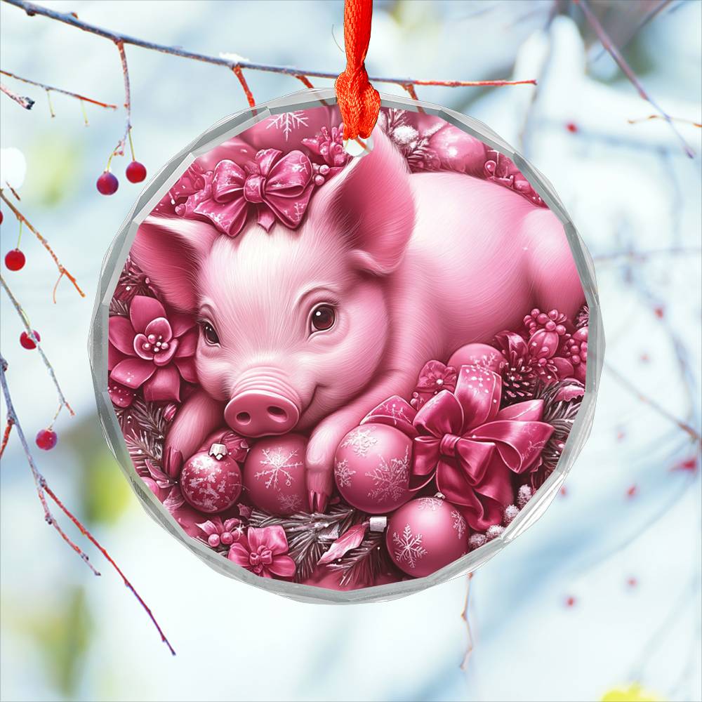 Pig Pink Christmas Design 3 Glass Ornament