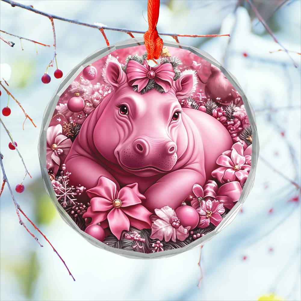 Hippo Pink Christmas Design 4 Glass Ornament