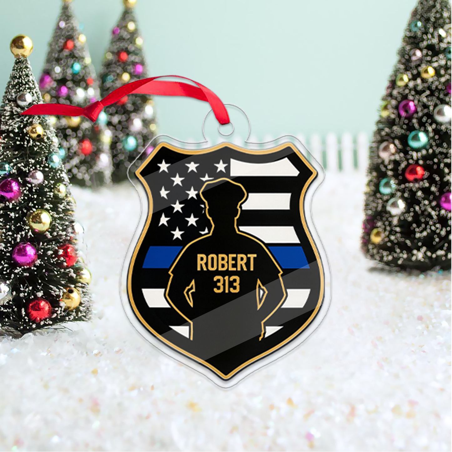 Custom Policeman Christmas Tree Ornament, Police Officer Christmas Decor, Gift for Dad, Husband, Thin Blue Line Police Badge Ornament