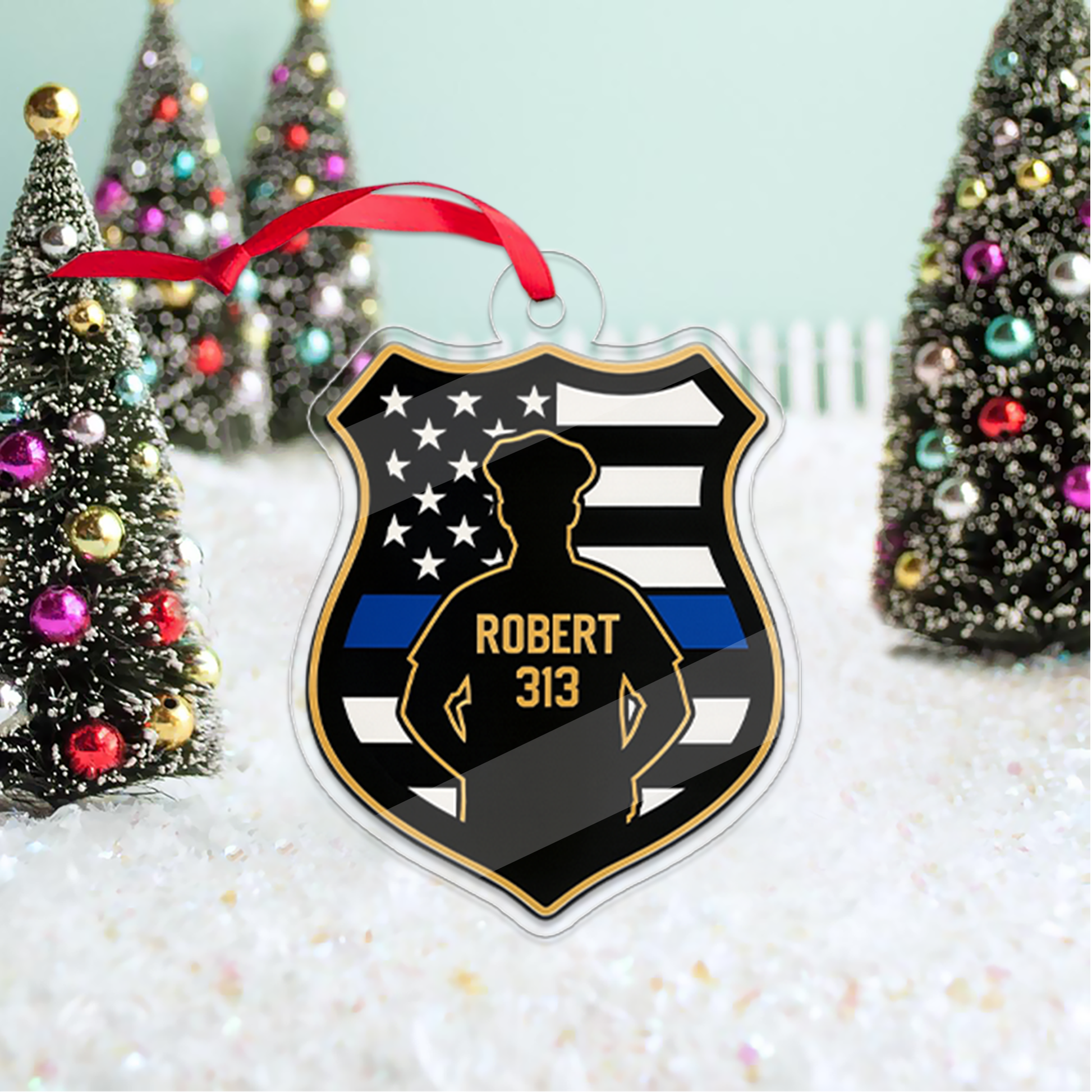 Custom Policeman Christmas Tree Ornament, Police Officer Christmas Decor, Gift for Dad, Husband, Thin Blue Line Police Badge Ornament