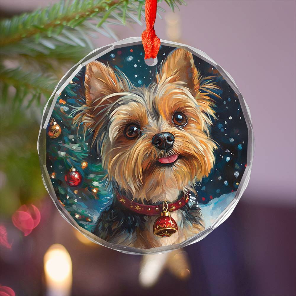 Beautiful Angus Yorkshire Terrier Dog Christmas Night Design 2 Glass Ornament