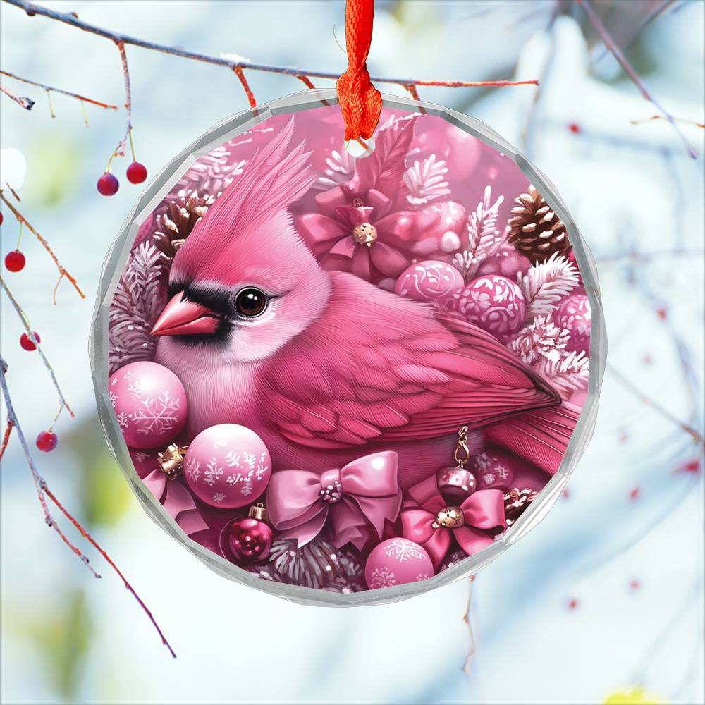 Cardinal Pink Christmas Design 1 Glass Ornament