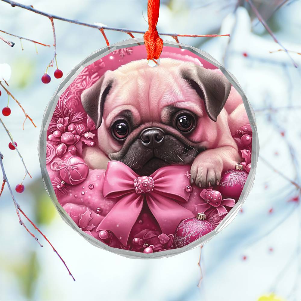 Pug Dog Pink Christmas Design 3 Glass Ornament