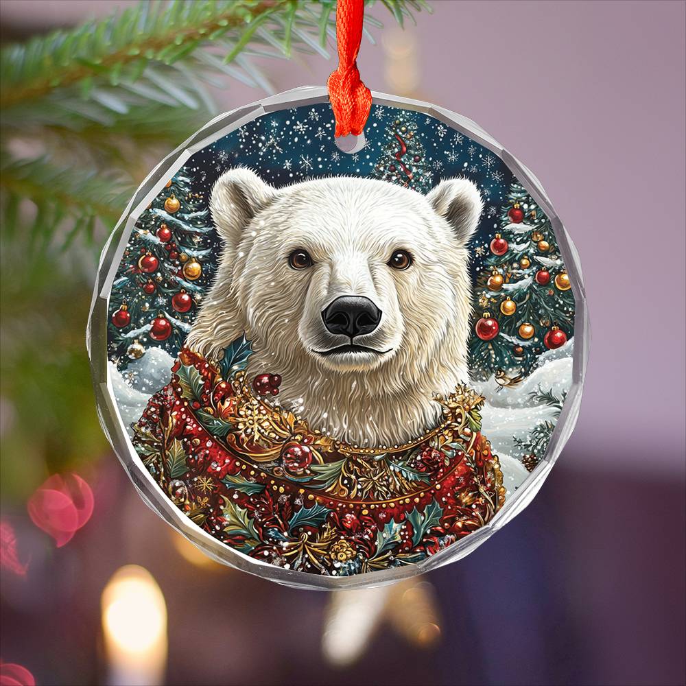 Beautiful Angus Polar Bear Christmas Night Design 3 Glass Ornament