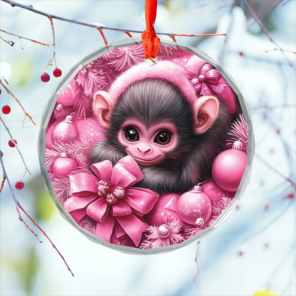 Monkey Pink Christmas Design 3 Glass Ornament