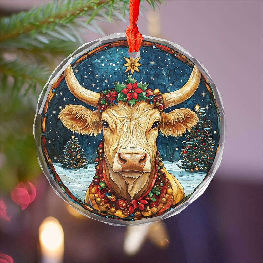 Beautiful Longhorn Cow Christmas Night Design 3 Glass Ornament