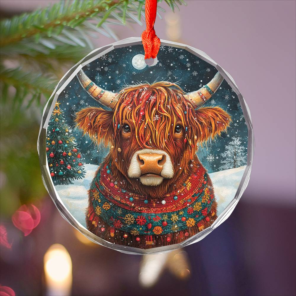 Beautiful Highland Cow Christmas Night Design 3 Glass Ornament