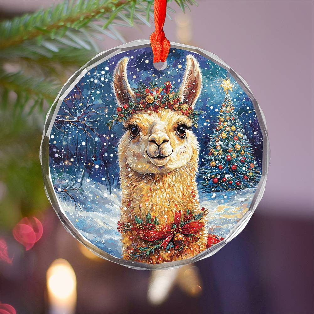 Beautiful Llama Christmas Night Design 2 Glass Ornament