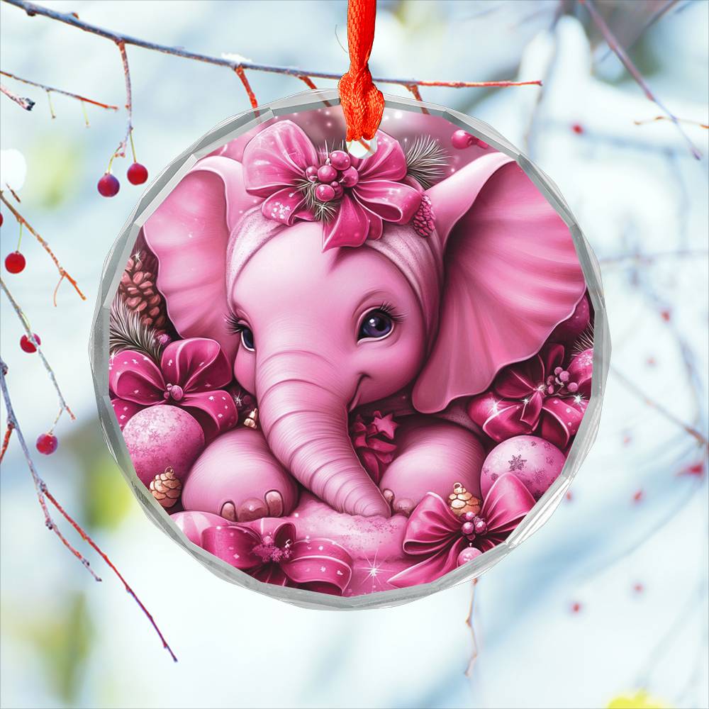 Elephant Pink Christmas Design 4 Glass Ornament