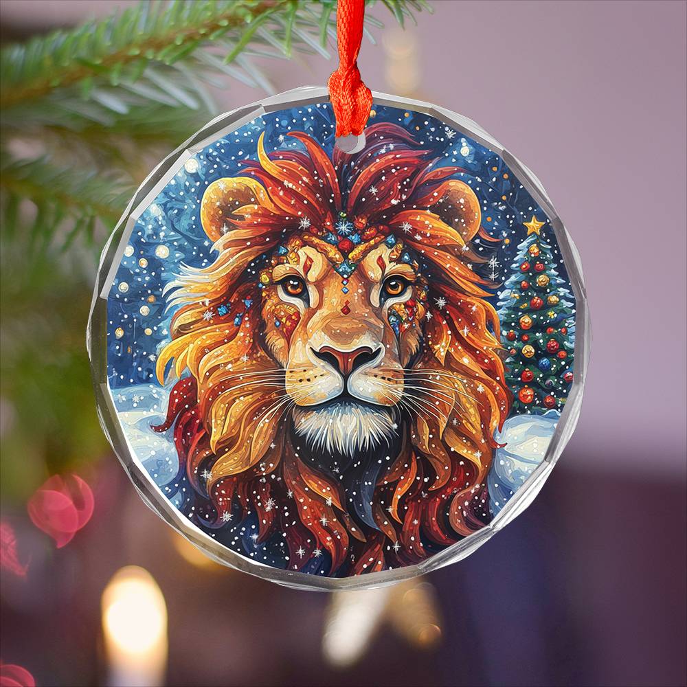 Beautiful Lion Christmas Night Design 1 Glass Ornament
