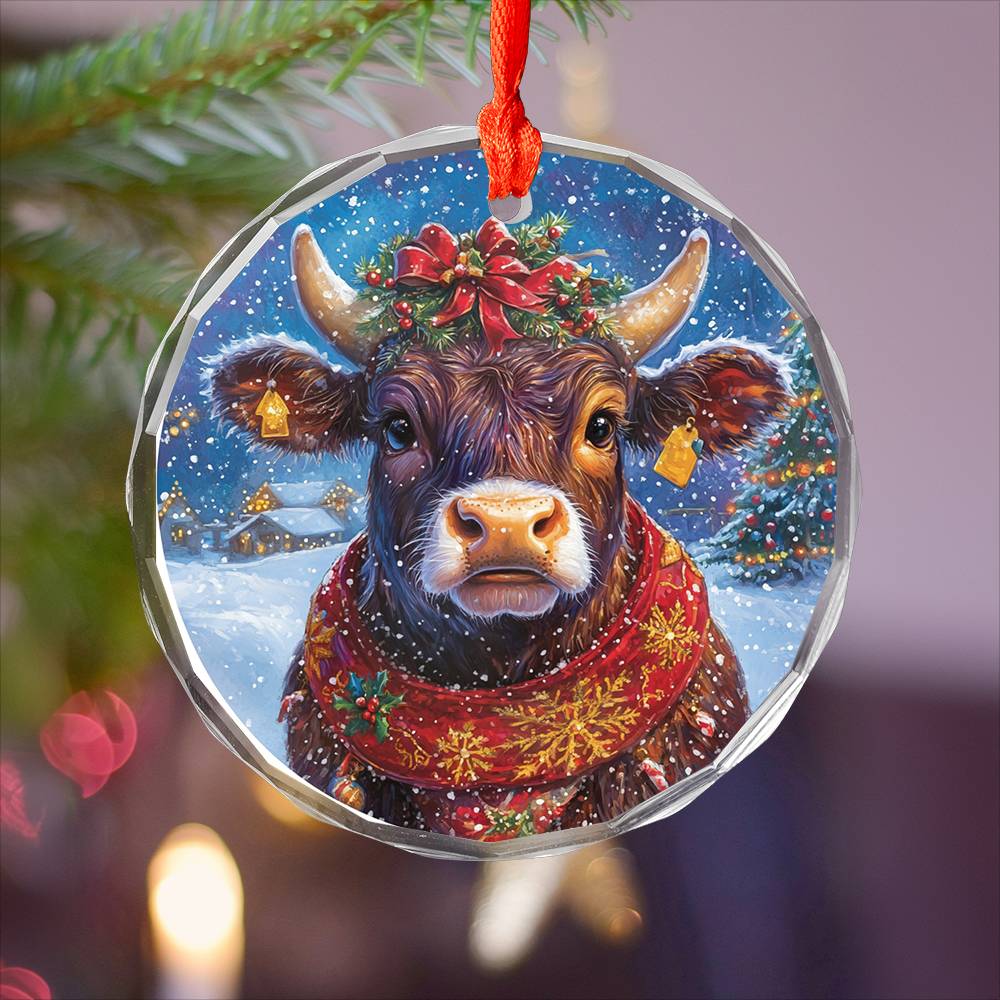 Beautiful Angus Cow Christmas Night Design 4 Glass Ornament